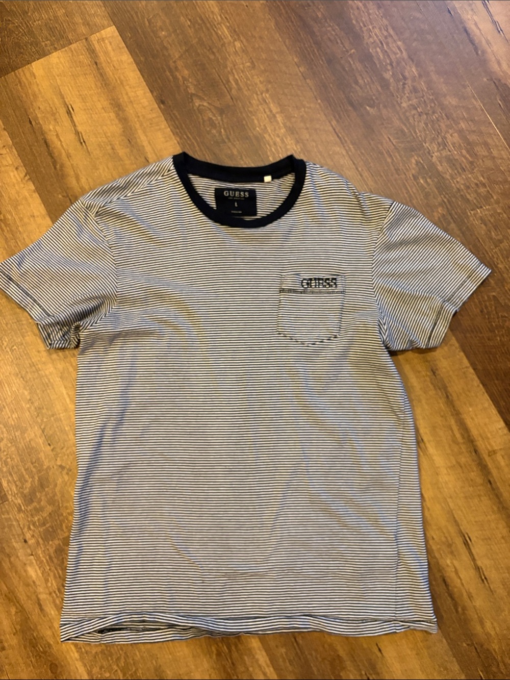 GUESS Men's Navy & White Thin-Striped Pocket Tee